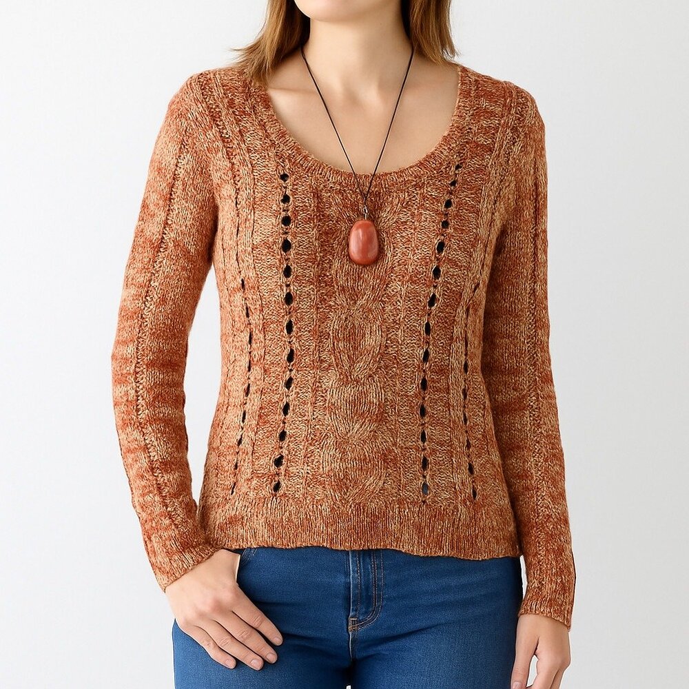 Full Tilt Womens M Rust Orange Knit Sweater Open Weave Pullover Fall Layering